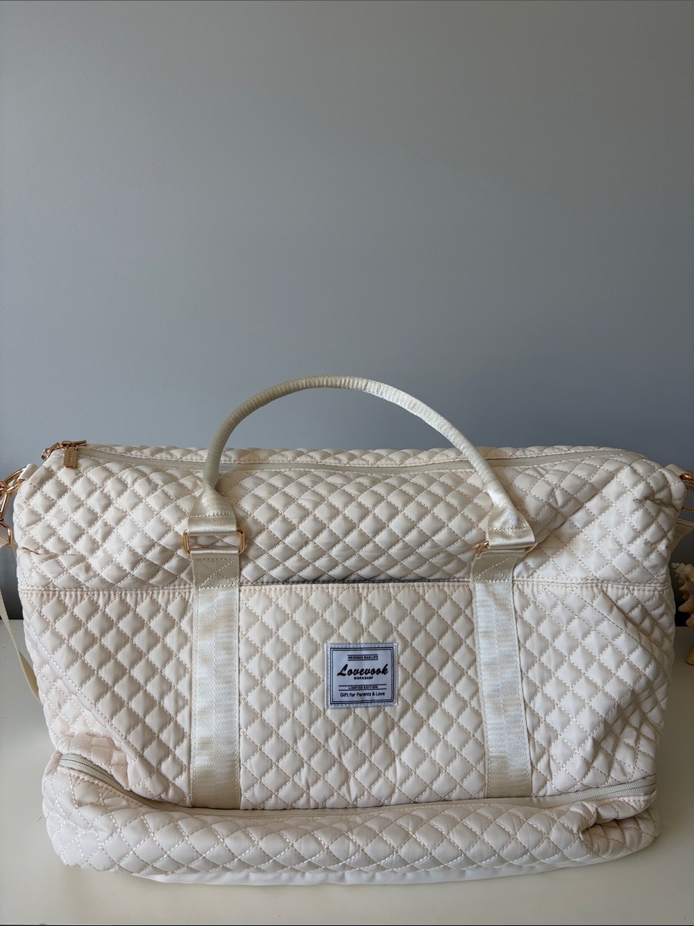 Lovesac Quilted Cream Weekender Bag